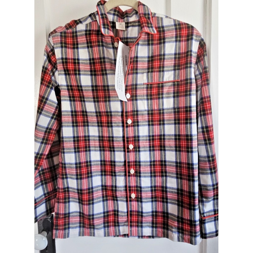 NWT J.CREW red tartan‎ plaid flannel long sleeve pajamas top trimmed  girl sz 14